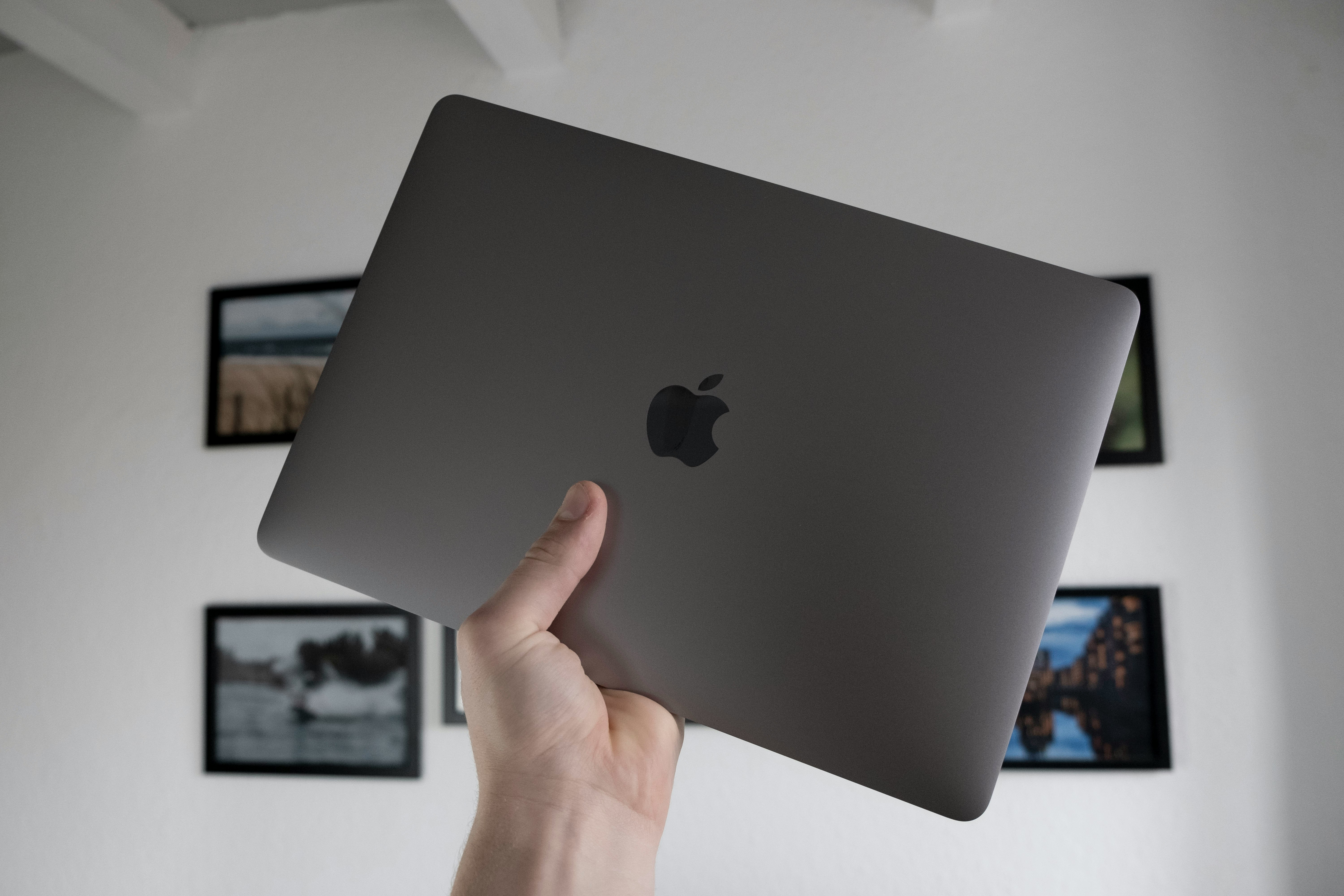 silver macbook on persons hand